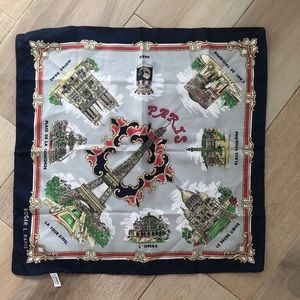 Vintage PARIS, FRANCE, Souvenir Scarf by Lahmy 20" sq. Navy.